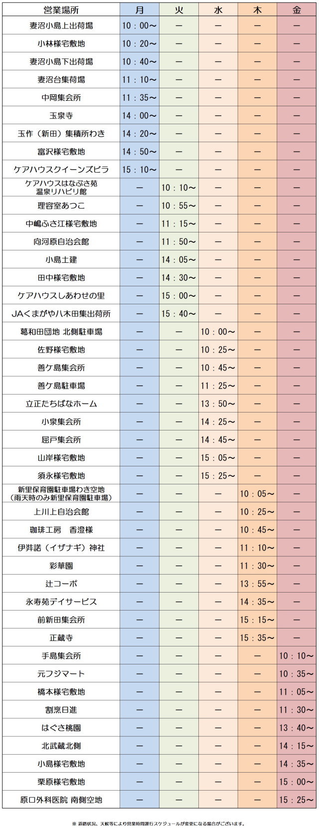 運行予定表