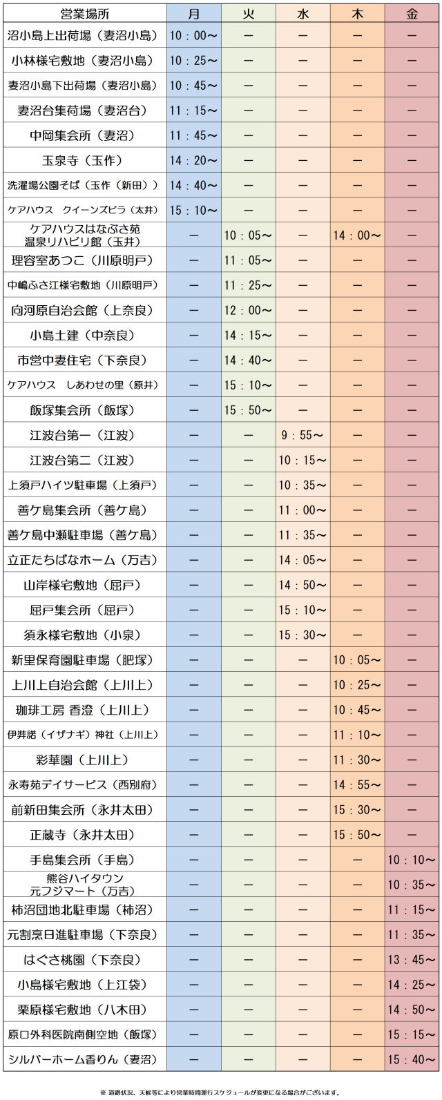 運行予定表